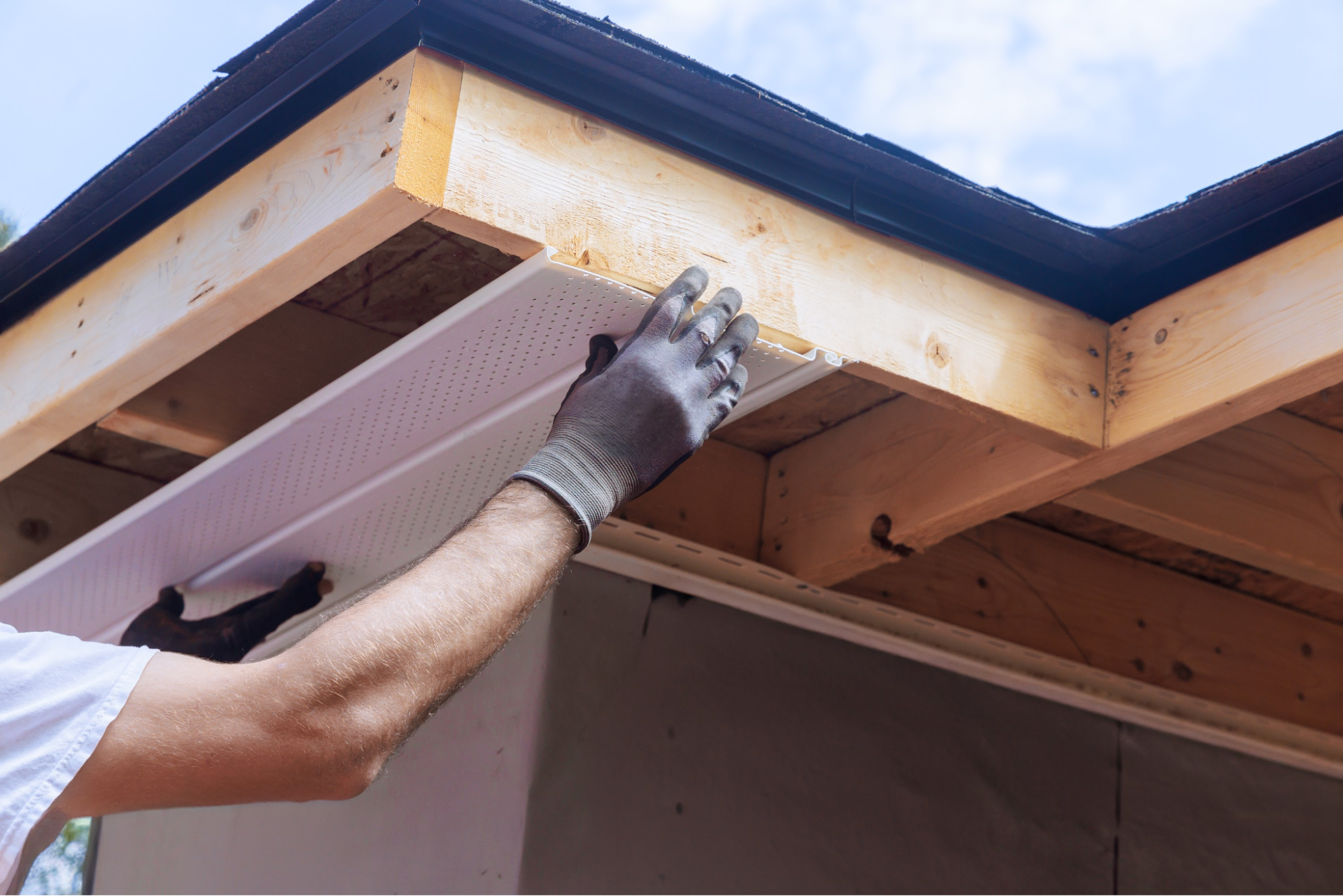 An installation of a soffit.