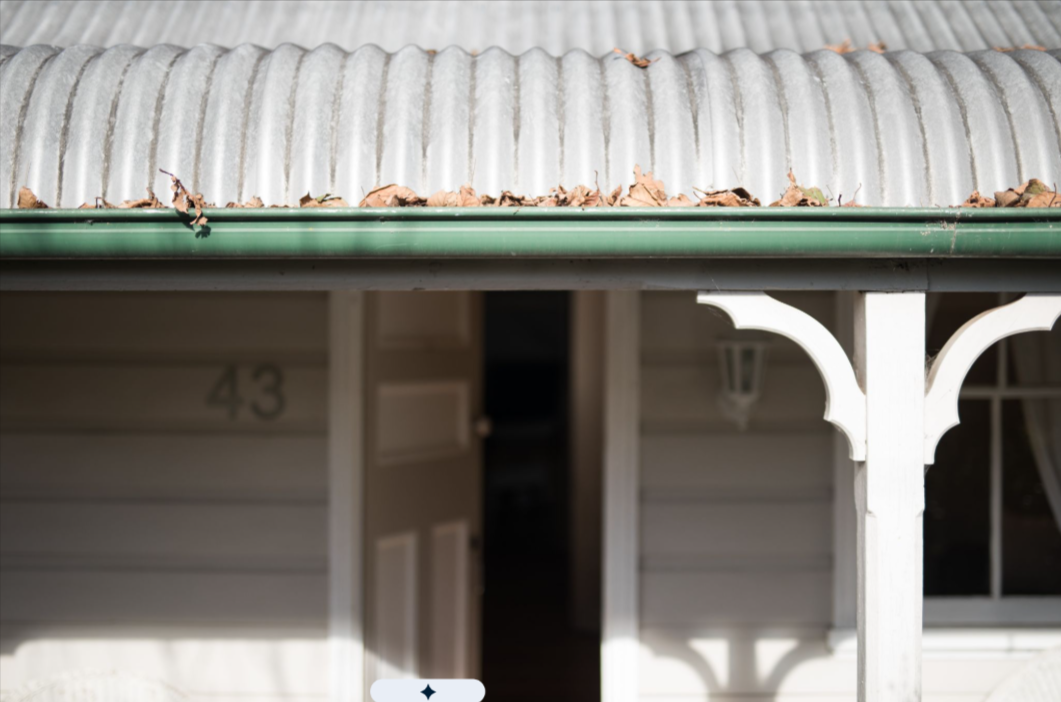 Debris-filled gutter with leaves accumulating, increasing the risk of sagging