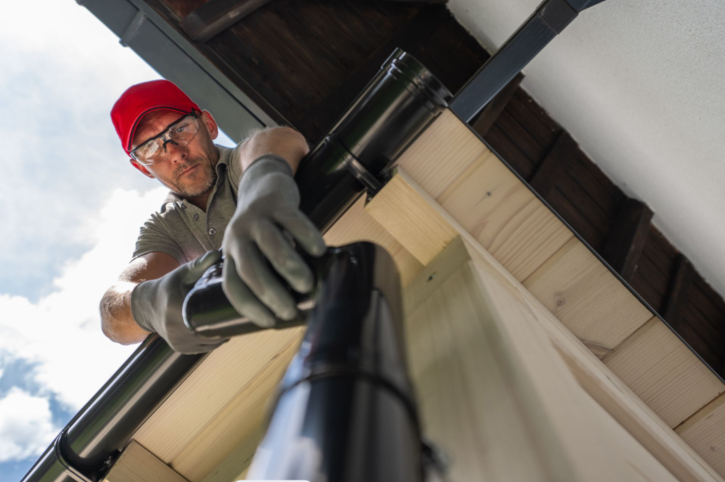 A worker repairing the gutter along the roof edge of a residential home