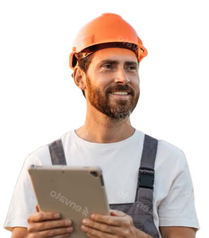 man in overalls and orange hat