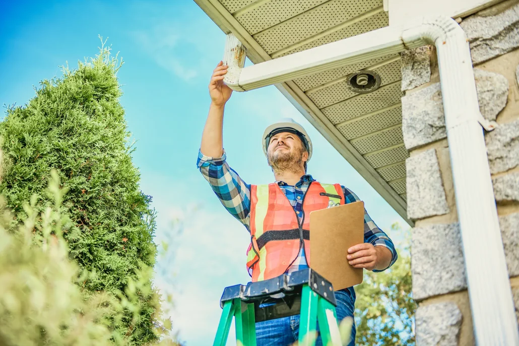 contractor inspecting house gutter.